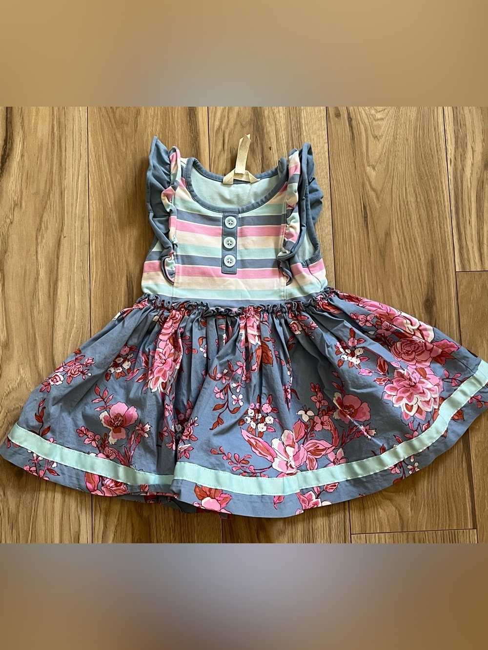 Matilda Jane Blue Pink Floral Striped Ruffle Dress